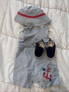 Little Me Navy & White Striped Anchor Romper Set